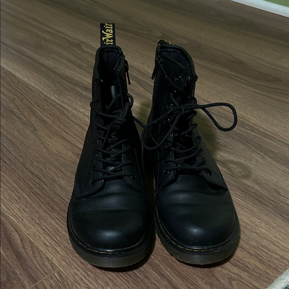 Dr. Martens Black Leather Lace-Up Boots with Yellow Pull Tab